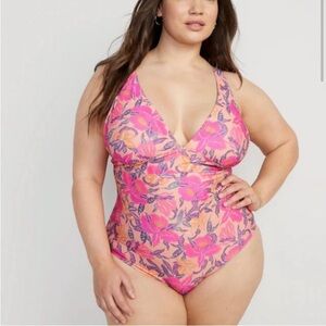 Old Navy One Piece Swimsuit Women 3x Pink Peach Floral Back Cutout Tie Tropical